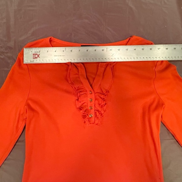 Jones New York Orange and Gold Button Ruffle Neck 3/4 Sleeve Top Size Large - Picture 7 of 8